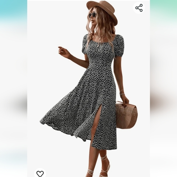 SweatyRocks Dresses & Skirts - Nwot SweatyRocks Boho Short Puff Sleeves Slit A-line Flare Dress